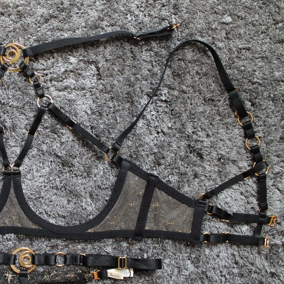 SOLD Bordelle Selene Open Ouvert Wire Bra Thong set Black Gold star embroidery - Picture 8 of 12